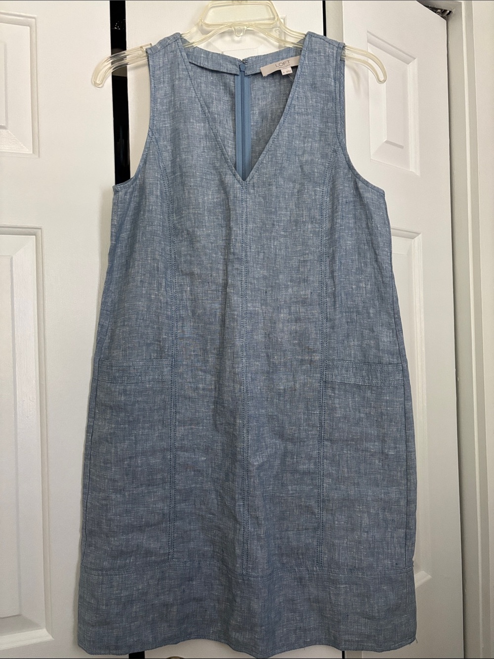 LOFT Sleeveless V-Neck Chambray Linen Pocket Sheath Dress- Light Blue